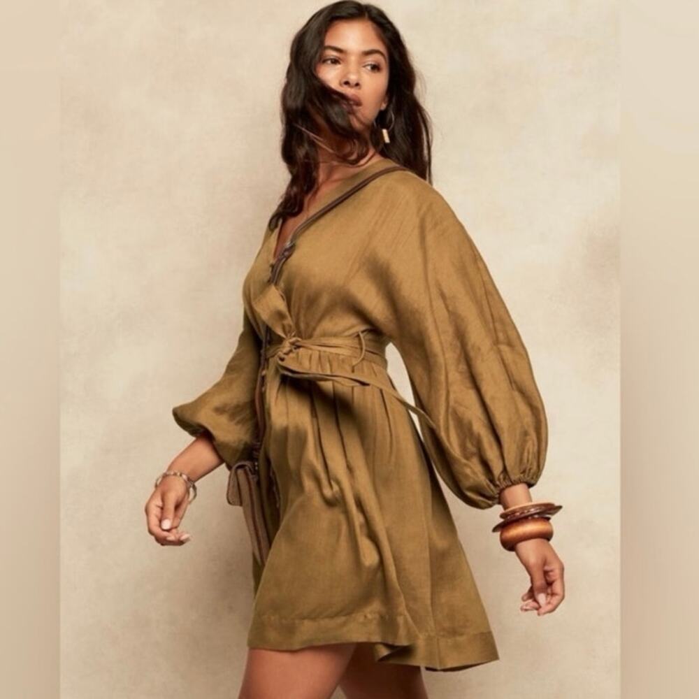 Banana Republic Size 2 100% Linen Balloon Sleeve‎ Mini Dress Dry Mustard